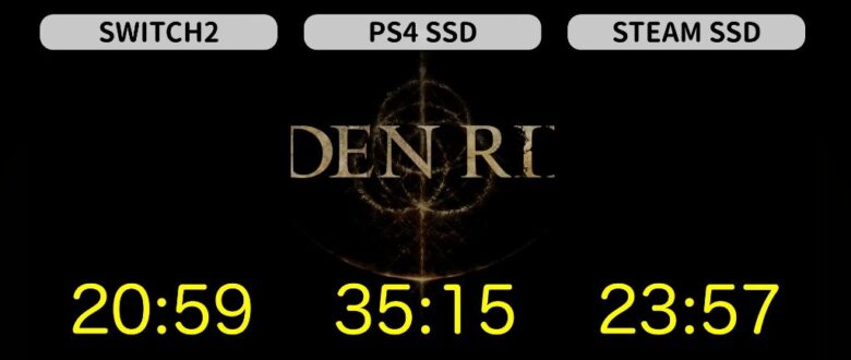 ファストトラベルのロード時間比較、Switch2 20:59/PS4 SSD 35:15/Steam SSD 23:57