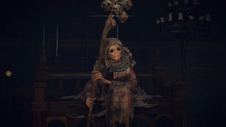 骸骨の杖を持つ仮面のキャラクターのゲーム画面