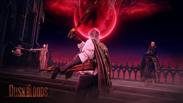 The Duskbloods公式ビジュアル、剣を掲げる主人公と左右に立つキャラクターたち